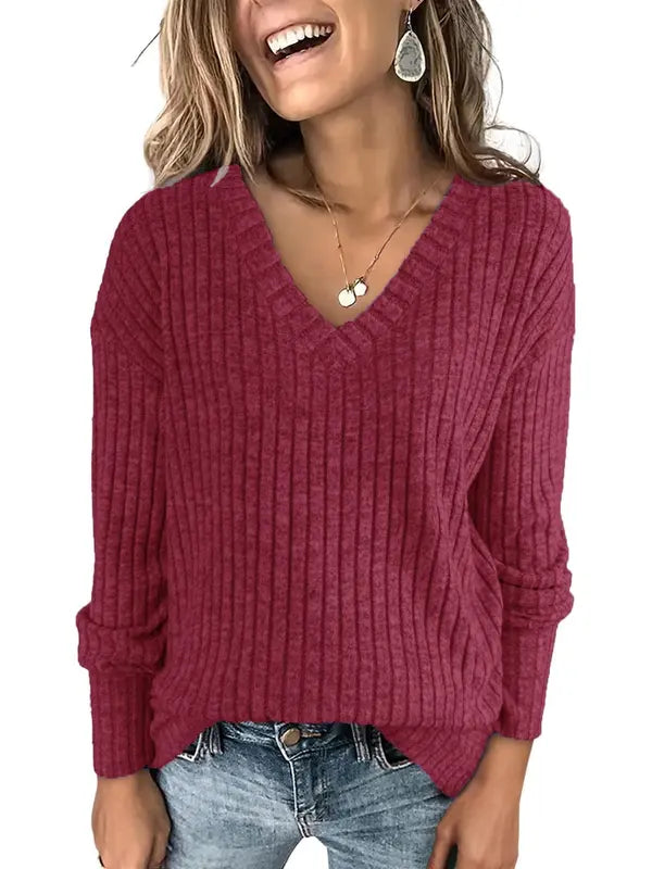 Women's Plain Drop Shoulder V Neck Tee Knitwea