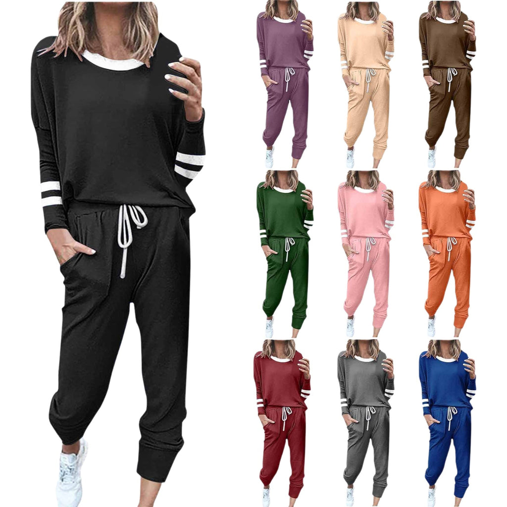 Women's Fashionable Loose Color Block Striped Long Sleeve Round Neck Drawstring Sports Casual Top Plus Pants Set Autumn 2025