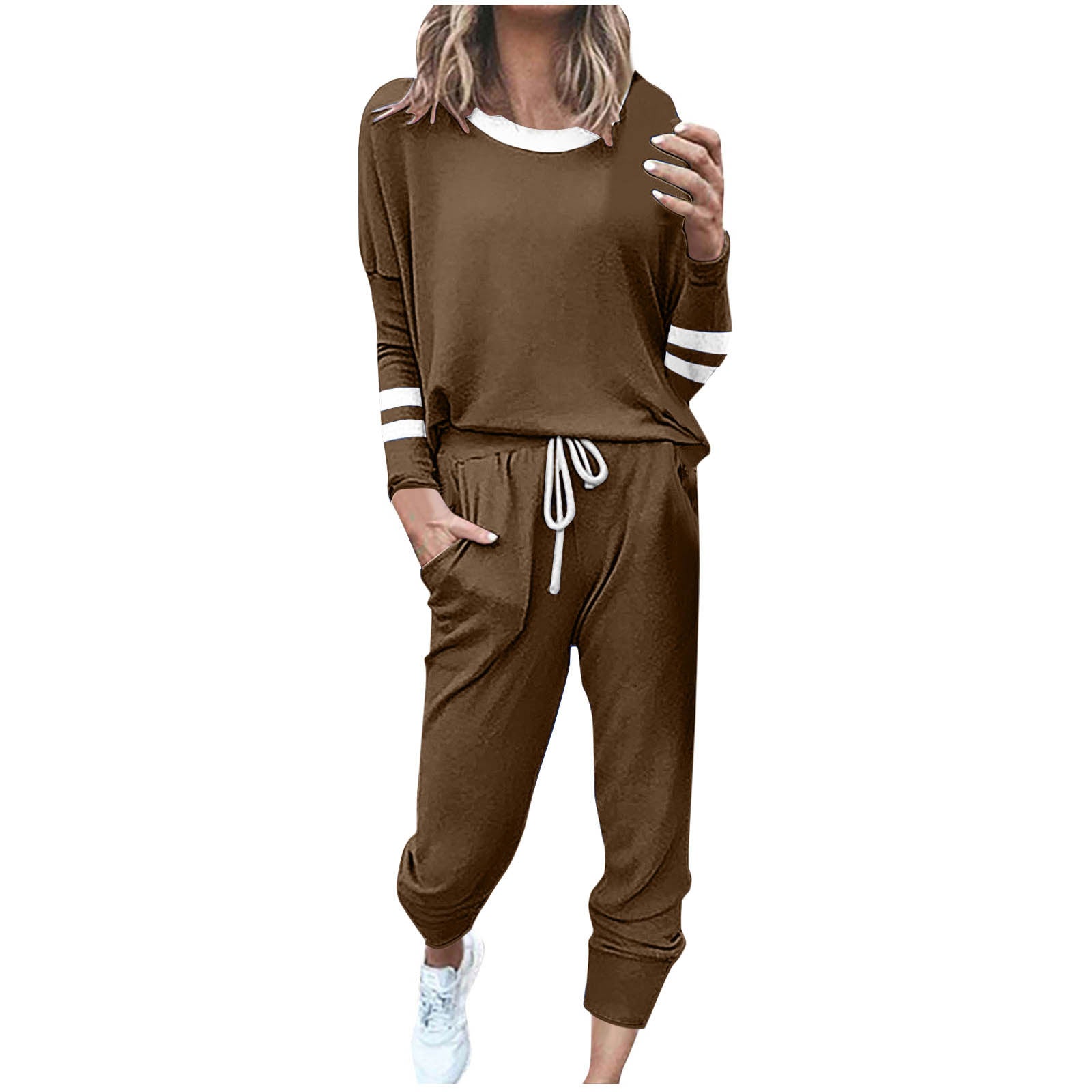 Women's Fashionable Loose Color Block Striped Long Sleeve Round Neck Drawstring Sports Casual Top Plus Pants Set Autumn 2025