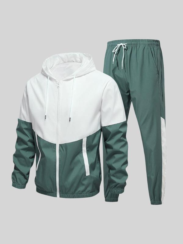 Men's color-blocked drawstring zip-up hoodie and sweatpants