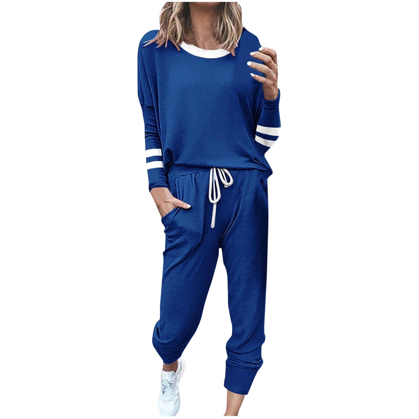 Women's Fashionable Loose Color Block Striped Long Sleeve Round Neck Drawstring Sports Casual Top Plus Pants Set Autumn 2025