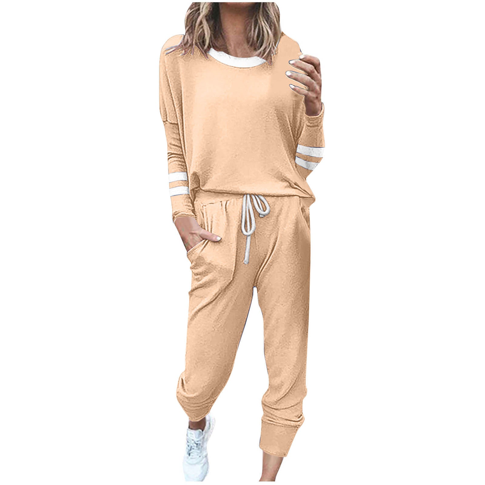 Women's Fashionable Loose Color Block Striped Long Sleeve Round Neck Drawstring Sports Casual Top Plus Pants Set Autumn 2025