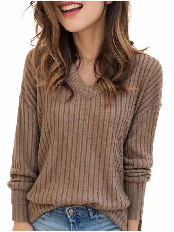 Women's Plain Drop Shoulder V Neck Tee Knitwea