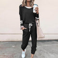 Women's Fashionable Loose Color Block Striped Long Sleeve Round Neck Drawstring Sports Casual Top Plus Pants Set Autumn 2025
