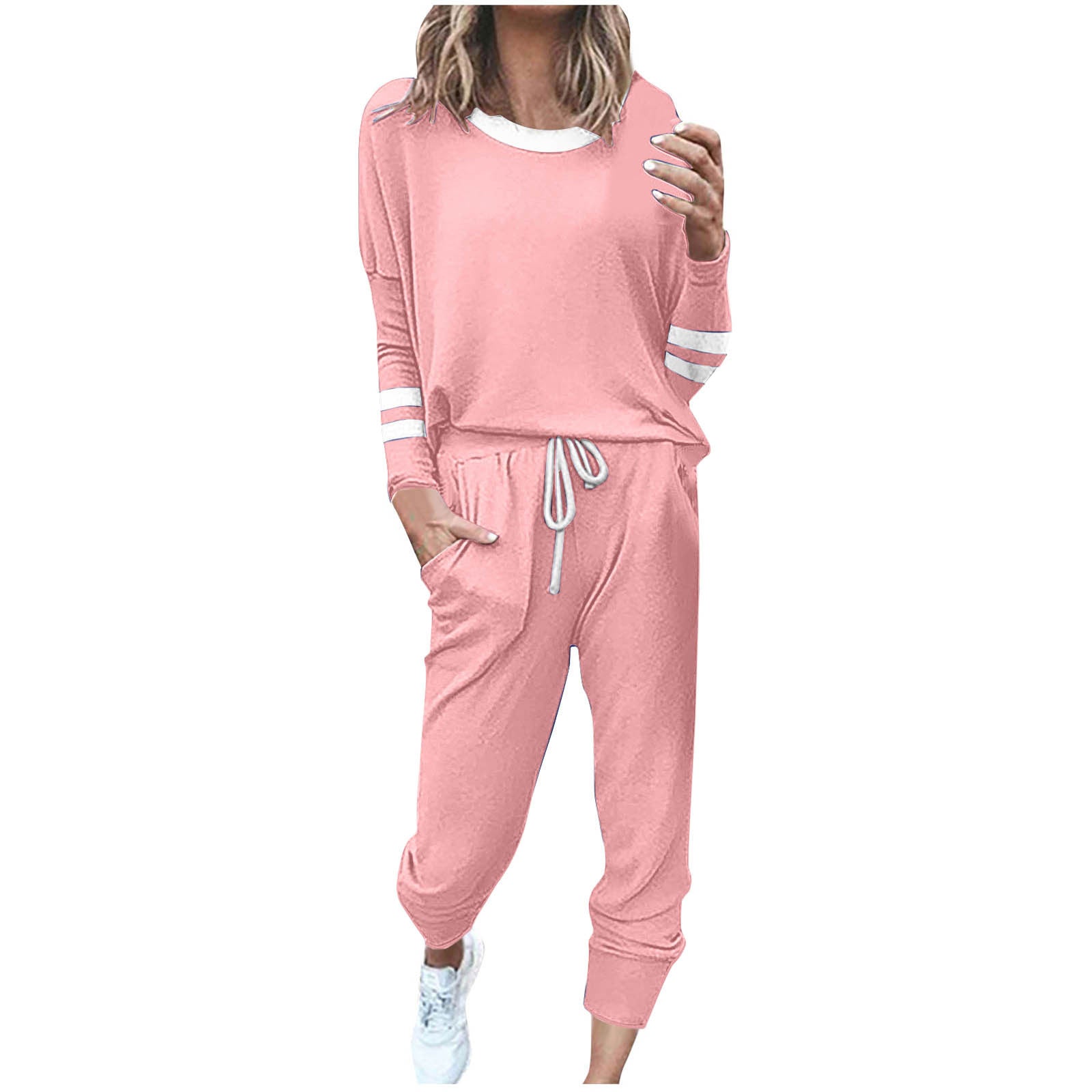 Women's Fashionable Loose Color Block Striped Long Sleeve Round Neck Drawstring Sports Casual Top Plus Pants Set Autumn 2025