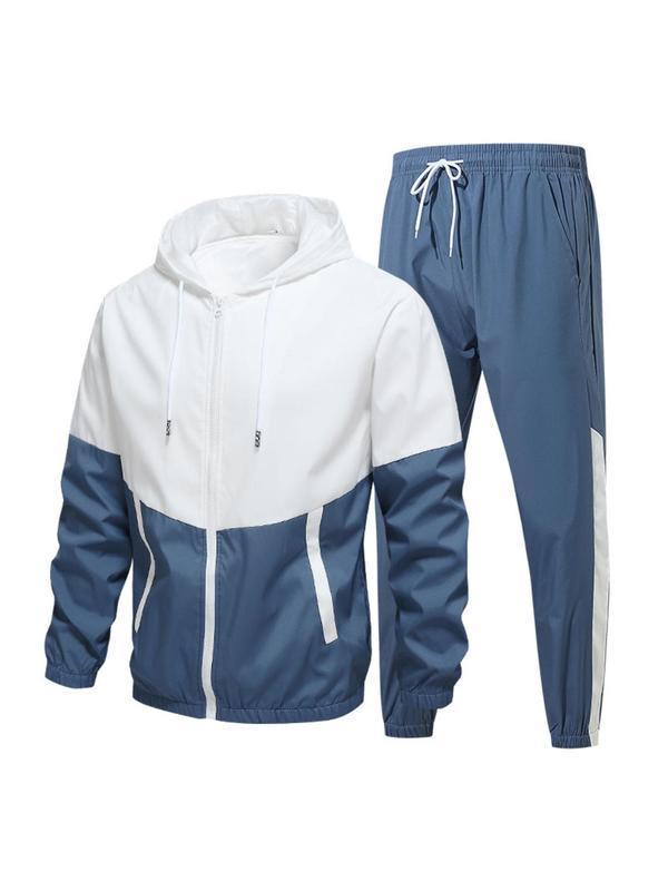 Men's color-blocked drawstring zip-up hoodie and sweatpants